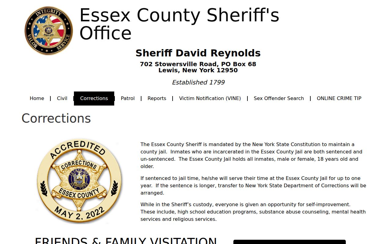 Essex County criminal records jail and corrections page