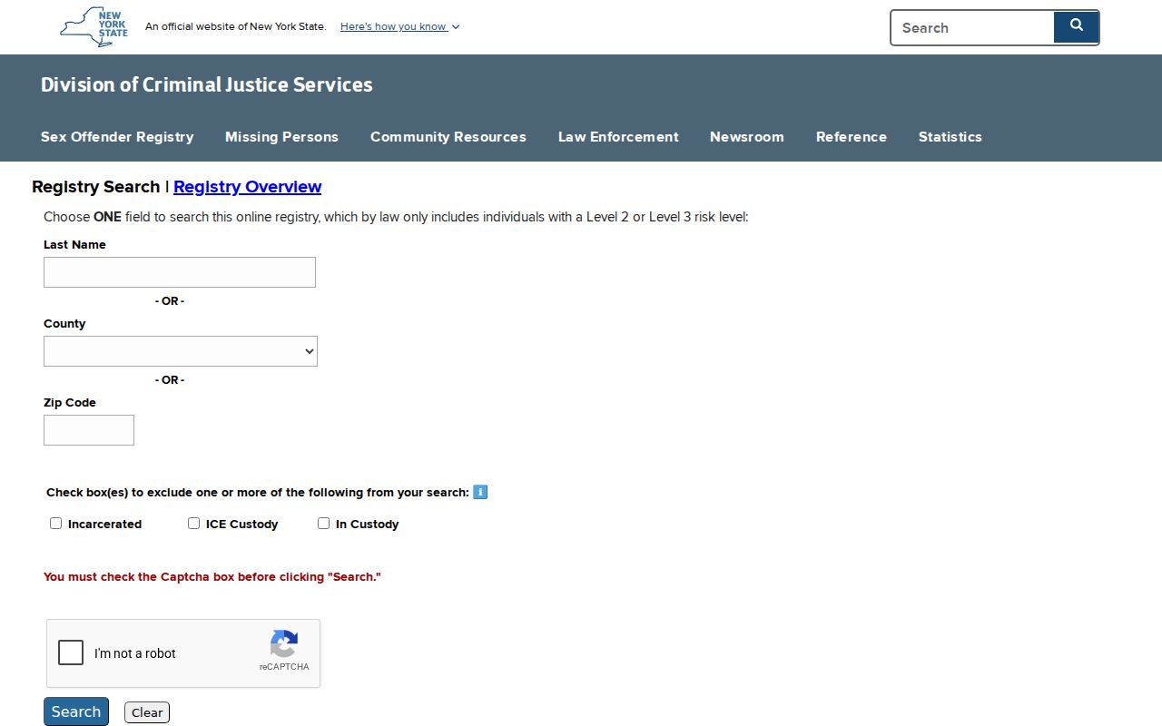 Essex County sex offender registry name and location search fields