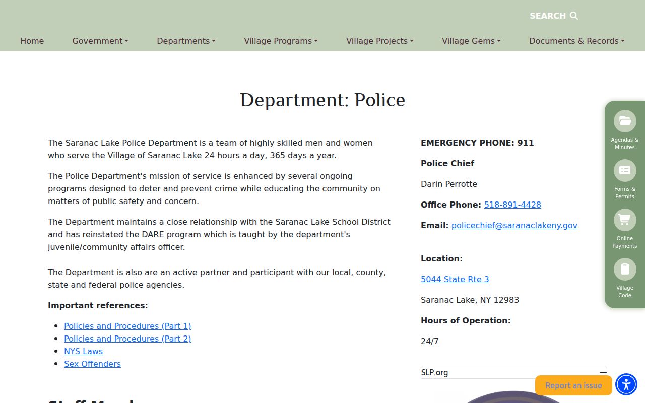 Saranac Lake Police Department criminal records and activity report page